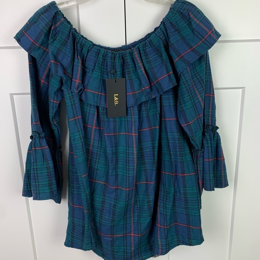 NWT Lucky & Blessed 2XL Off Shoulder Blouse Green Plaid Bell Sleeve Western Boho
